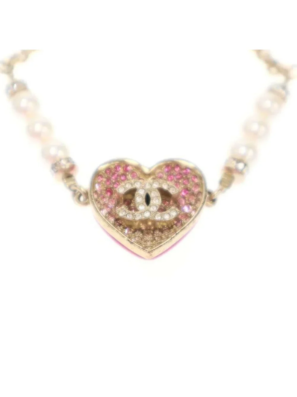 Chanel CC Logo Heart Pearl Bracelet Pink Gold